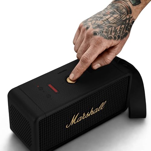 Marshall Middleton Portable Bluetooth Speaker   Rugged Waterproof/Dust proof Design   Loud Stereo Sound  Deep Bass   Compact and Wireless for Travel and Outdoors   Black and Brass