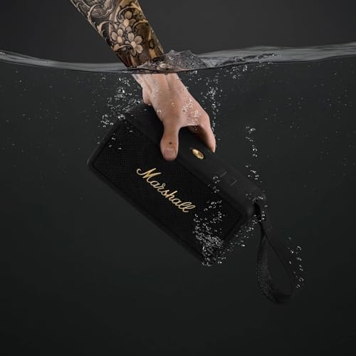 Marshall Middleton Portable Bluetooth Speaker   Rugged Waterproof/Dust proof Design   Loud Stereo Sound  Deep Bass   Compact and Wireless for Travel and Outdoors   Black and Brass