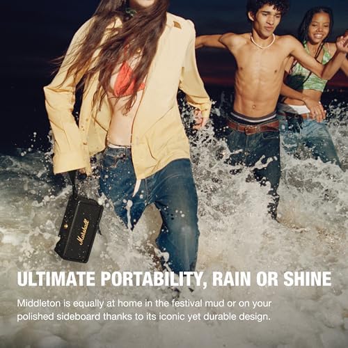 Marshall Middleton Portable Bluetooth Speaker   Rugged Waterproof/Dust proof Design   Loud Stereo Sound  Deep Bass   Compact and Wireless for Travel and Outdoors   Black and Brass
