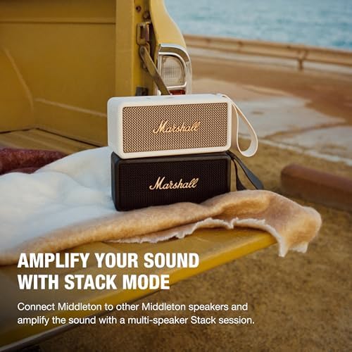 Marshall Middleton Portable Bluetooth Speaker   Rugged Waterproof/Dust proof Design   Loud Stereo Sound  Deep Bass   Compact and Wireless for Travel and Outdoors   Black and Brass