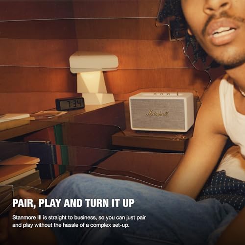 Marshall Stanmore III Bluetooth Home Speaker   Loud Stereo Sound with Bass and Treble Controls   Plug in Powered   Record Player Compatible   RCA and 3 5 mm Aux Inputs   Cream