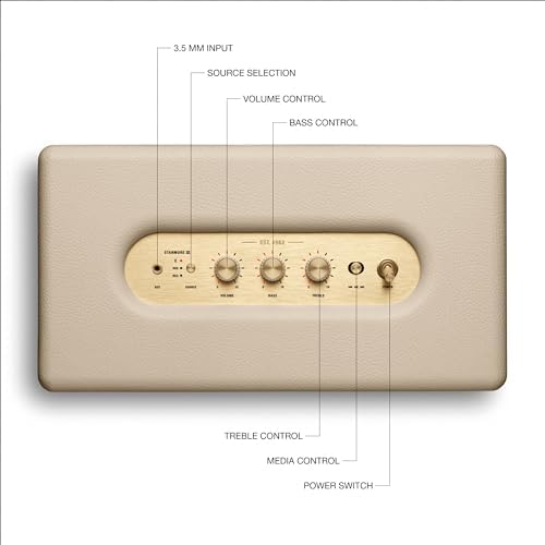 Marshall Stanmore III Bluetooth Home Speaker   Loud Stereo Sound with Bass and Treble Controls   Plug in Powered   Record Player Compatible   RCA and 3 5 mm Aux Inputs   Cream