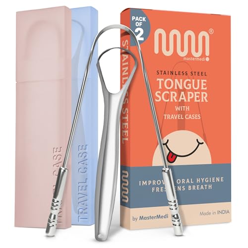 MasterMedi Tongue Scraper with Case Easy to Use Tongue Scraper for Adults  Tongue Cleaner for Oral Care & Hygiene Copper Set of 2  with Travel Case 