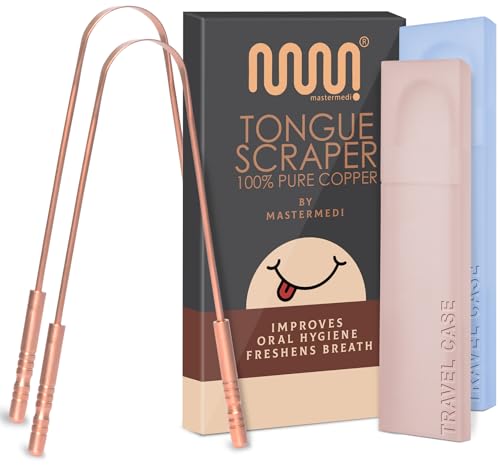 MasterMedi Tongue Scraper with Case Easy to Use Tongue Scraper for Adults  Tongue Cleaner for Oral Care & Hygiene Copper Set of 2  with Travel Case 