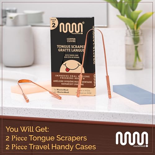 MasterMedi Tongue Scraper with Case Easy to Use Tongue Scraper for Adults  Tongue Cleaner for Oral Care & Hygiene Copper Set of 2  with Travel Case 