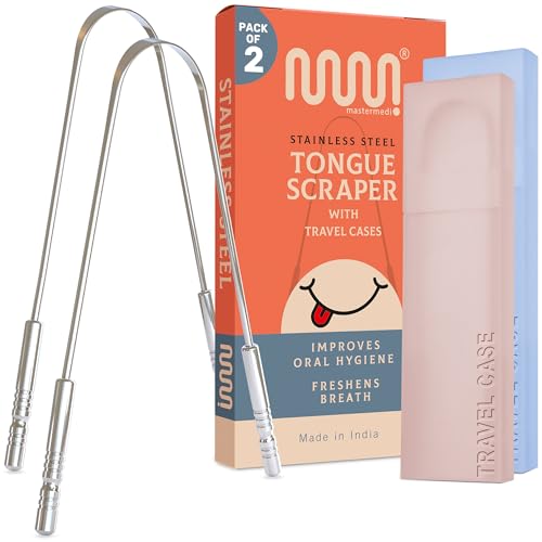 MasterMedi Tongue Scraper with Case Easy to Use Tongue Scraper for Adults  Tongue Cleaner for Oral Care & Hygiene Copper Set of 2  with Travel Case 