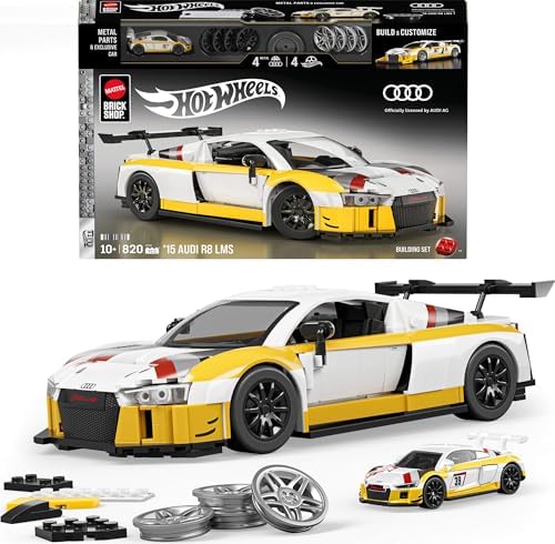 Mattel Brick Shop Hot Wheels Elite Series Building Set   15 Audi R8 LMS with 820 Pieces  Realistic Details and Custom Decals  Adult Collectors and Kids Ages 10 