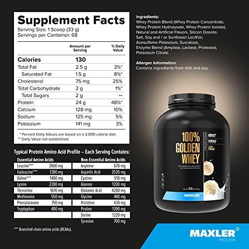 Maxler 100  Golden Whey Protein   24g of Protein per Serving   Whey Protein Powder for Pre Post Workout   Fast Absorbing Whey Concentrate  Isolate & Hydrolysate Blend   Vanilla Ice Cream 5 lb