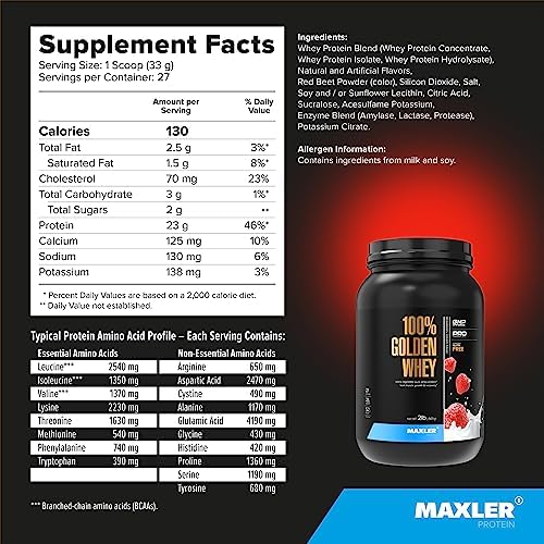 Maxler 100  Golden Whey Protein   24g of Protein per Serving   Whey Protein Powder for Pre Post Workout   Fast Absorbing Whey Concentrate  Isolate & Hydrolysate Blend   Vanilla Ice Cream 5 lb