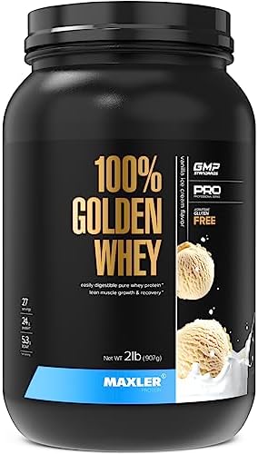 Maxler 100  Golden Whey Protein   24g of Protein per Serving   Whey Protein Powder for Pre Post Workout   Fast Absorbing Whey Concentrate  Isolate & Hydrolysate Blend   Vanilla Ice Cream 5 lb