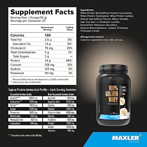 Maxler 100  Golden Whey Protein   24g of Protein per Serving   Whey Protein Powder for Pre Post Workout   Fast Absorbing Whey Concentrate  Isolate & Hydrolysate Blend   Vanilla Ice Cream 5 lb