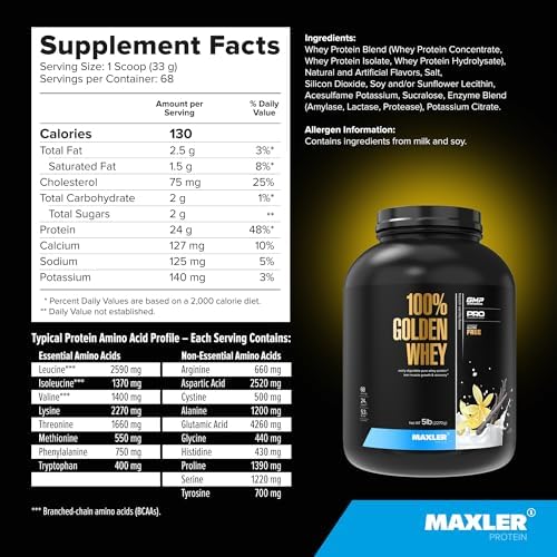 Maxler 100  Golden Whey Protein   24g of Protein per Serving   Whey Protein Powder for Pre Post Workout   Fast Absorbing Whey Concentrate  Isolate & Hydrolysate Blend   Vanilla Ice Cream 5 lb