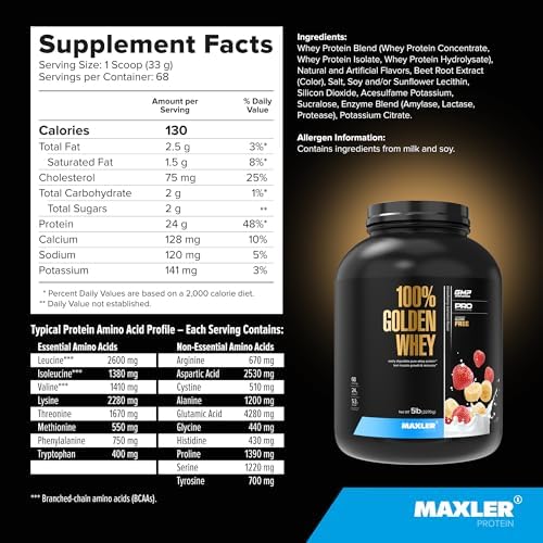 Maxler 100  Golden Whey Protein   24g of Protein per Serving   Whey Protein Powder for Pre Post Workout   Fast Absorbing Whey Concentrate  Isolate & Hydrolysate Blend   Vanilla Ice Cream 5 lb