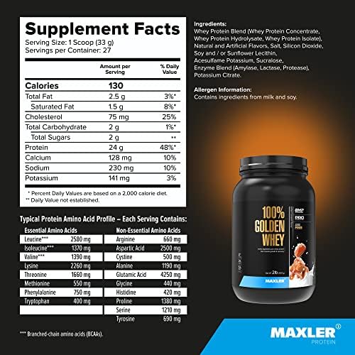 Maxler 100  Golden Whey Protein   24g of Protein per Serving   Whey Protein Powder for Pre Post Workout   Fast Absorbing Whey Concentrate  Isolate & Hydrolysate Blend   Vanilla Ice Cream 5 lb