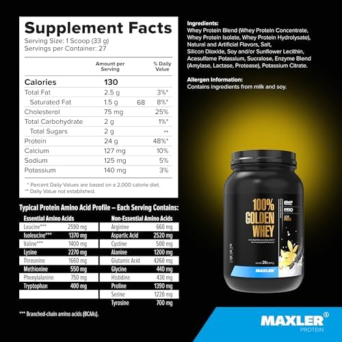 Maxler 100  Golden Whey Protein   24g of Protein per Serving   Whey Protein Powder for Pre Post Workout   Fast Absorbing Whey Concentrate  Isolate & Hydrolysate Blend   Vanilla Ice Cream 5 lb