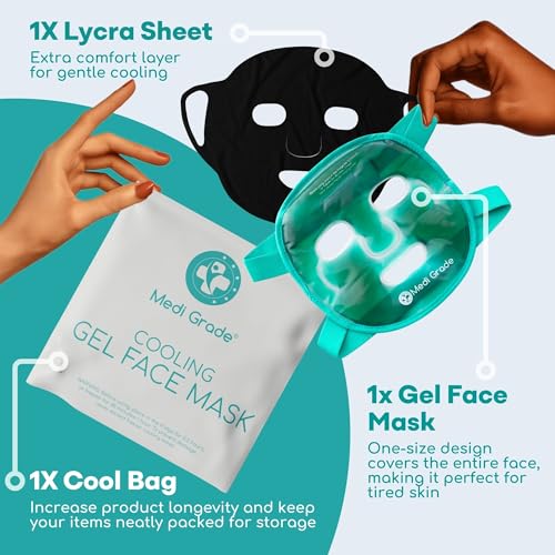 Medi Grade Cooling Gel Face Mask with 1 Lycra Fabric Mask and Storage Pouch   Soothing Gel Face Mask for Dark Circles and Puffiness   Cold Full Face Gel Mask Relaxation