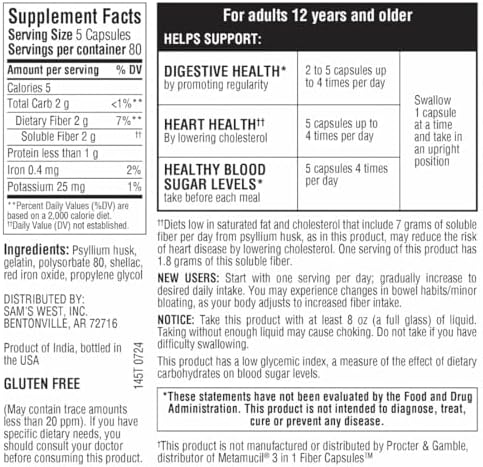 Member's Mark - Cápsulas de fibra de cáscara de psyllium 100% natural, salud digestiva, 400 unidades (paquete de 1)