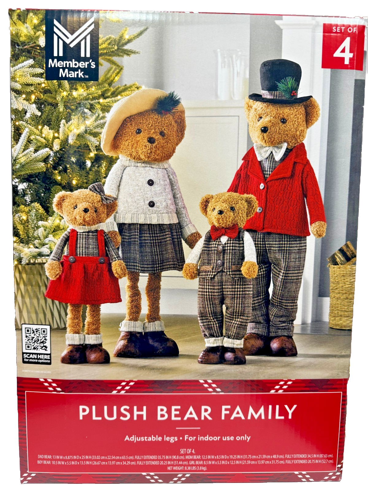 Members Mark Plush Bear Family Set of 4 Adjustable Legs Indoor Christmas Decor