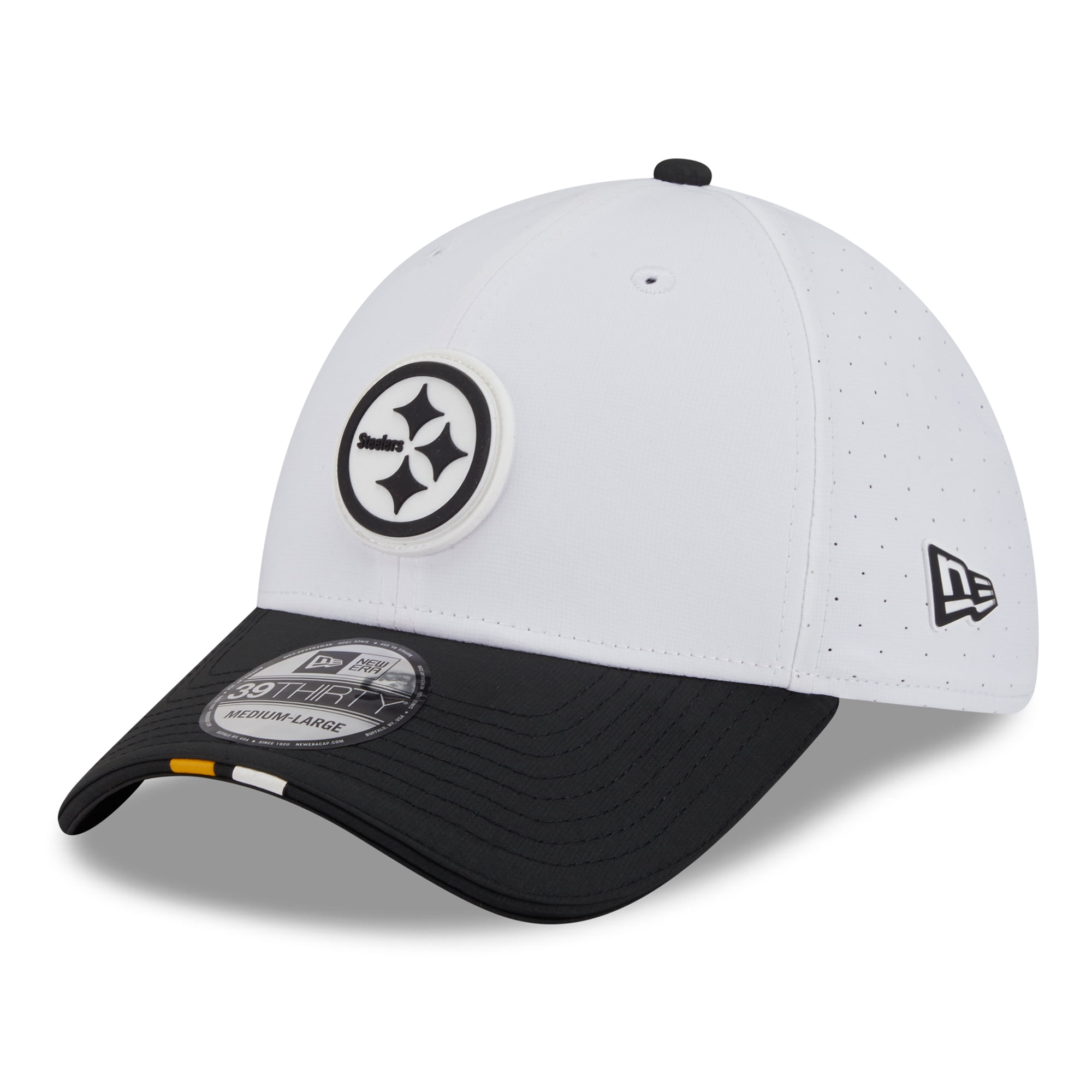 Men s New Era  White/Black Pittsburgh Steelers 2025 NFL Training Camp 39THIRTY Flex Hat
