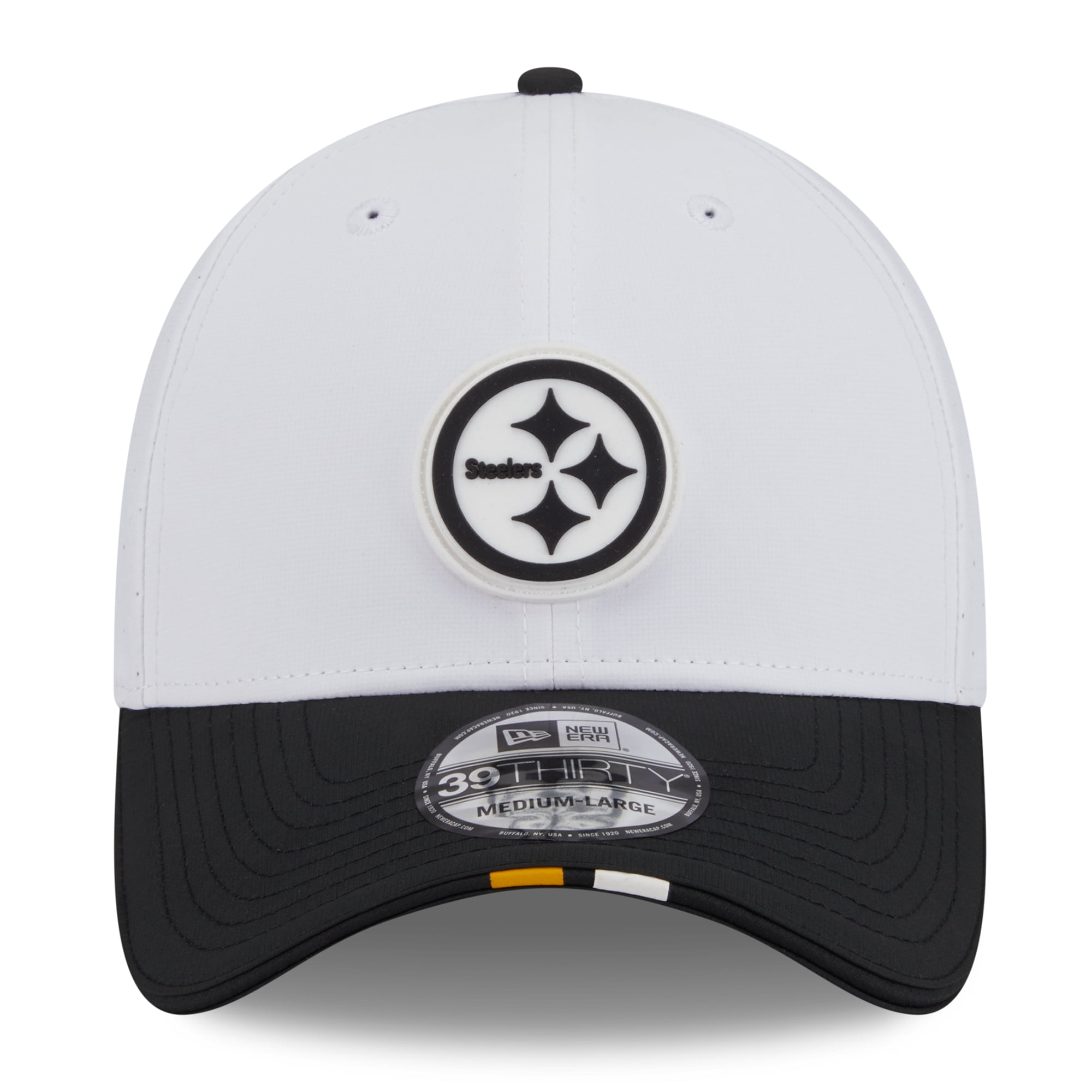 Men s New Era  White/Black Pittsburgh Steelers 2025 NFL Training Camp 39THIRTY Flex Hat