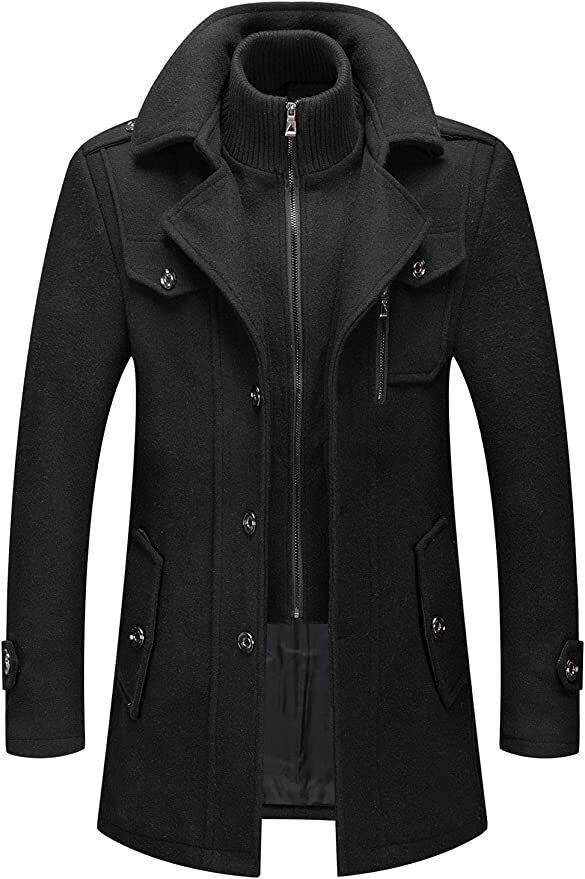 Men s Thermal Single Breasted Wool Blend Coat Business Peacoat Detachable Zipper