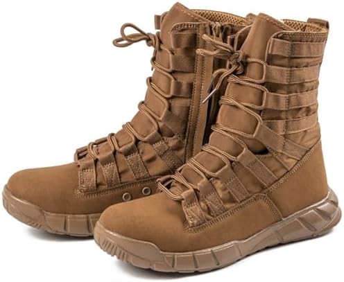 Mens Leather High Top Lace Up Military Tactical Boots With Side Zipper Lightweight Non Slip Rubber Outsole Desert Combat Boots For Backpacking Travel Army Jungle Hunting