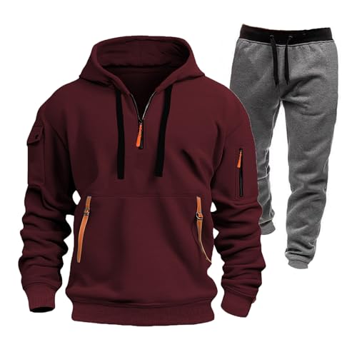 Mens Winter Fleece Multi Pocket Zipper Sweatshirt 2 Piece Set Personalized Sweatpants Casual Sweatsuits Hoodie