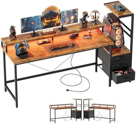 Mericonia Gaming Desk with Power Outlets & LED Lights  Reversible Computer Desk with PC Case Stand  Fabric Drawers  Modern Office Desk with Shelves  Monitor Stand