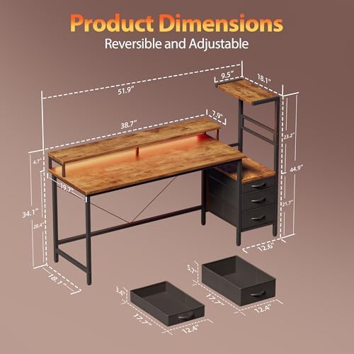 Mericonia Gaming Desk with Power Outlets & LED Lights  Reversible Computer Desk with PC Case Stand  Fabric Drawers  Modern Office Desk with Shelves  Monitor Stand