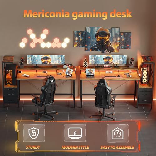 Mericonia Gaming Desk with Power Outlets & LED Lights  Reversible Computer Desk with PC Case Stand  Fabric Drawers  Modern Office Desk with Shelves  Monitor Stand