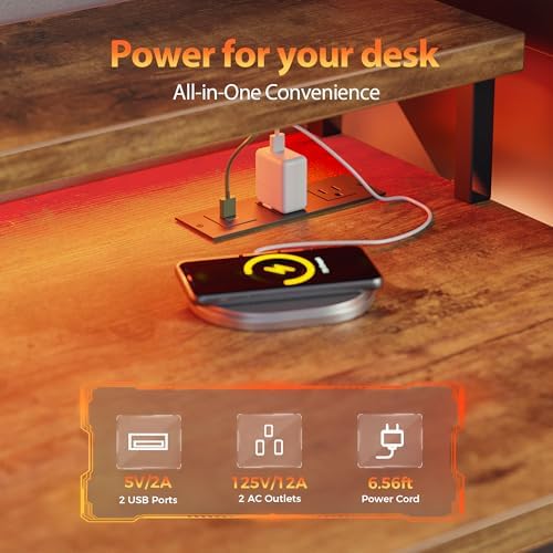 Mericonia Gaming Desk with Power Outlets & LED Lights  Reversible Computer Desk with PC Case Stand  Fabric Drawers  Modern Office Desk with Shelves  Monitor Stand