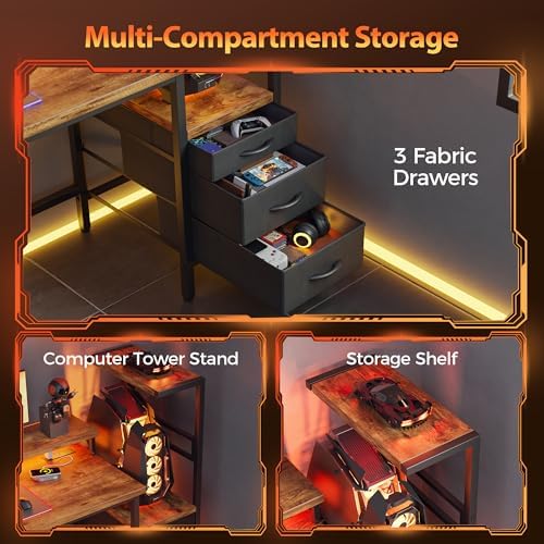 Mericonia Gaming Desk with Power Outlets & LED Lights  Reversible Computer Desk with PC Case Stand  Fabric Drawers  Modern Office Desk with Shelves  Monitor Stand