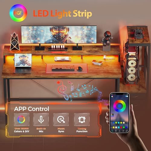 Mericonia Gaming Desk with Power Outlets & LED Lights  Reversible Computer Desk with PC Case Stand  Fabric Drawers  Modern Office Desk with Shelves  Monitor Stand