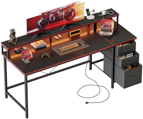 Mericonia Gaming Desk with Power Outlets & LED Lights  Reversible Computer Desk with PC Case Stand  Fabric Drawers  Modern Office Desk with Shelves  Monitor Stand