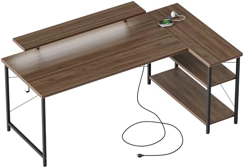Mericonia Gaming Desk with Power Outlets & LED Lights  Reversible Computer Desk with PC Case Stand  Fabric Drawers  Modern Office Desk with Shelves  Monitor Stand