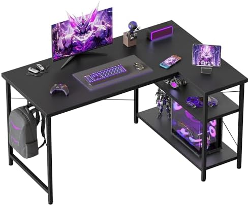 Mericonia Gaming Desk with Power Outlets & LED Lights  Reversible Computer Desk with PC Case Stand  Fabric Drawers  Modern Office Desk with Shelves  Monitor Stand
