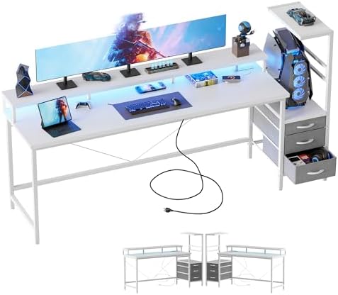 Mericonia Gaming Desk with Power Outlets & LED Lights  Reversible Computer Desk with PC Case Stand  Fabric Drawers  Modern Office Desk with Shelves  Monitor Stand