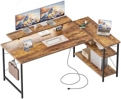 Mericonia Gaming Desk with Power Outlets & LED Lights  Reversible Computer Desk with PC Case Stand  Fabric Drawers  Modern Office Desk with Shelves  Monitor Stand