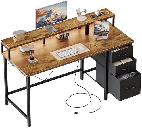 Mericonia Gaming Desk with Power Outlets & LED Lights  Reversible Computer Desk with PC Case Stand  Fabric Drawers  Modern Office Desk with Shelves  Monitor Stand