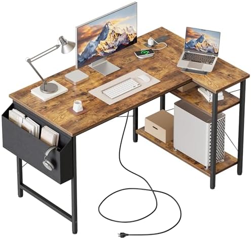 Mericonia Gaming Desk with Power Outlets & LED Lights  Reversible Computer Desk with PC Case Stand  Fabric Drawers  Modern Office Desk with Shelves  Monitor Stand