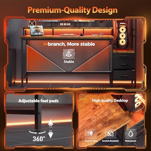 Mericonia Gaming Desk with Power Outlets & LED Lights  Reversible Computer Desk with PC Case Stand  Fabric Drawers  Modern Office Desk with Shelves  Monitor Stand