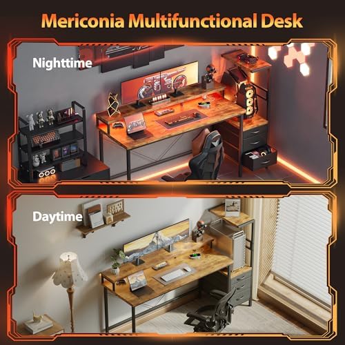 Mericonia Gaming Desk with Power Outlets & LED Lights  Reversible Computer Desk with PC Case Stand  Fabric Drawers  Modern Office Desk with Shelves  Monitor Stand
