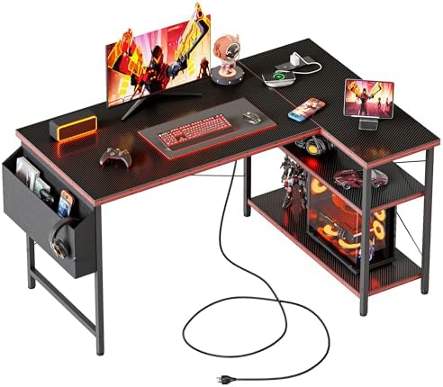 Mericonia Gaming Desk with Power Outlets & LED Lights  Reversible Computer Desk with PC Case Stand  Fabric Drawers  Modern Office Desk with Shelves  Monitor Stand