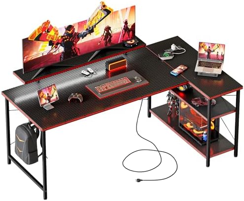 Mericonia Gaming Desk with Power Outlets & LED Lights  Reversible Computer Desk with PC Case Stand  Fabric Drawers  Modern Office Desk with Shelves  Monitor Stand