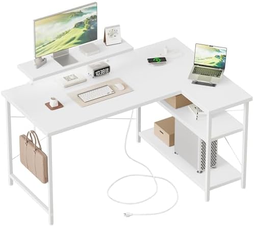 Mericonia Gaming Desk with Power Outlets & LED Lights  Reversible Computer Desk with PC Case Stand  Fabric Drawers  Modern Office Desk with Shelves  Monitor Stand