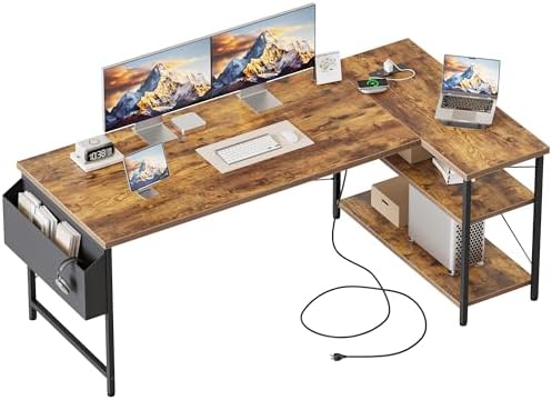 Mericonia Gaming Desk with Power Outlets & LED Lights  Reversible Computer Desk with PC Case Stand  Fabric Drawers  Modern Office Desk with Shelves  Monitor Stand