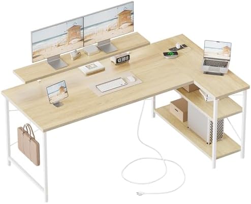 Mericonia Gaming Desk with Power Outlets & LED Lights  Reversible Computer Desk with PC Case Stand  Fabric Drawers  Modern Office Desk with Shelves  Monitor Stand