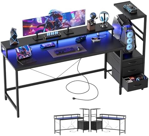 Mericonia Gaming Desk with Power Outlets & LED Lights  Reversible Computer Desk with PC Case Stand  Fabric Drawers  Modern Office Desk with Shelves  Monitor Stand