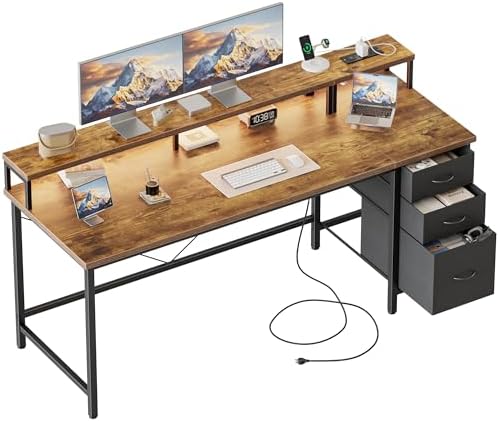 Mericonia Gaming Desk with Power Outlets & LED Lights  Reversible Computer Desk with PC Case Stand  Fabric Drawers  Modern Office Desk with Shelves  Monitor Stand