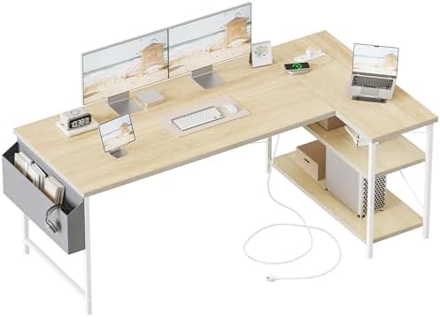 Mericonia Gaming Desk with Power Outlets & LED Lights  Reversible Computer Desk with PC Case Stand  Fabric Drawers  Modern Office Desk with Shelves  Monitor Stand